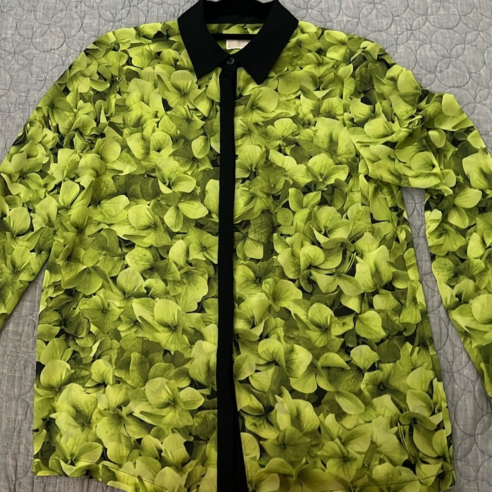 MICHAEL Michael Kors Green Floral Button-Down Shirt with Black Trim